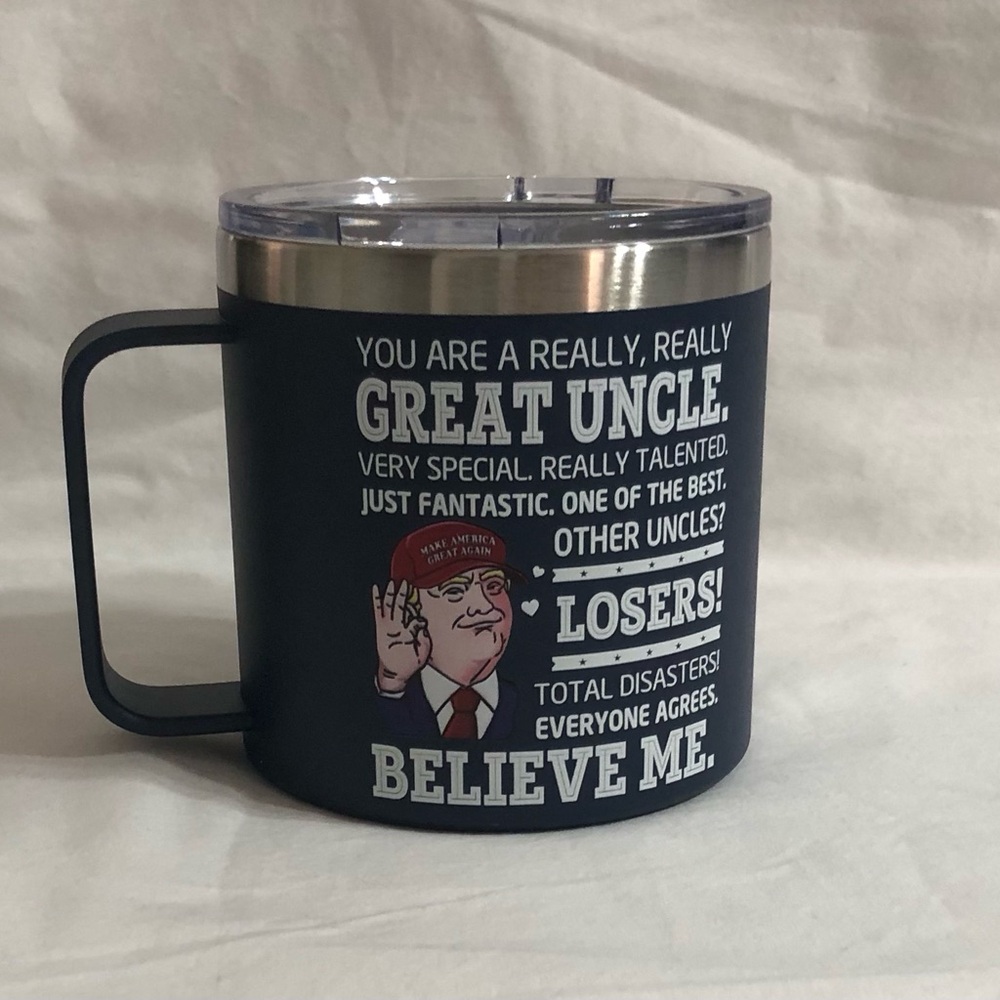 Blue Insulated tumbler with lid for a Great Uncle. 14oz